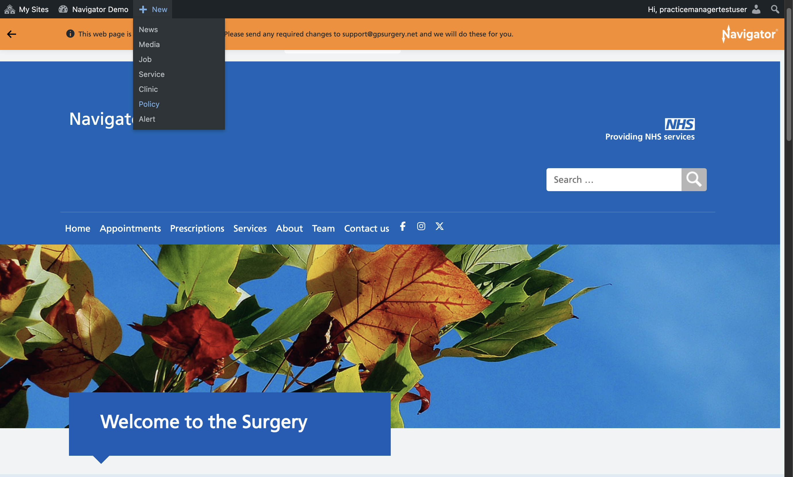 The + New drop-down menu, with Policy highlighted