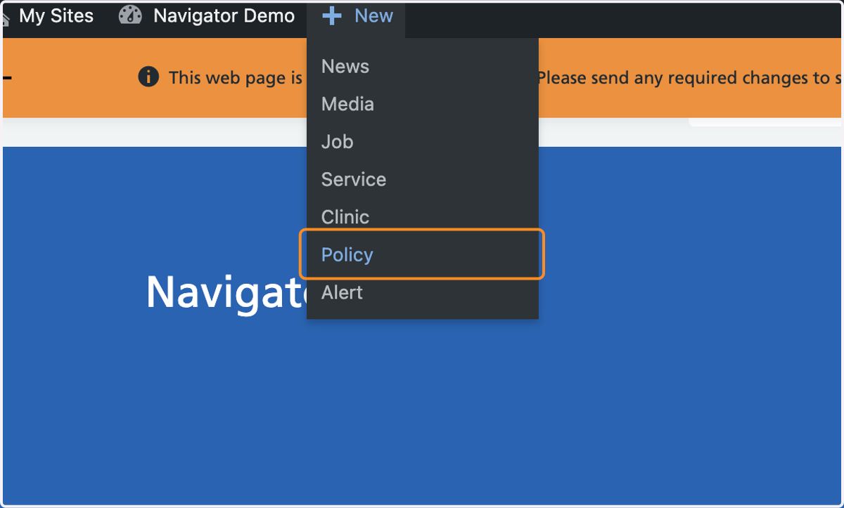 The + New drop-down menu, with Policy highlighted