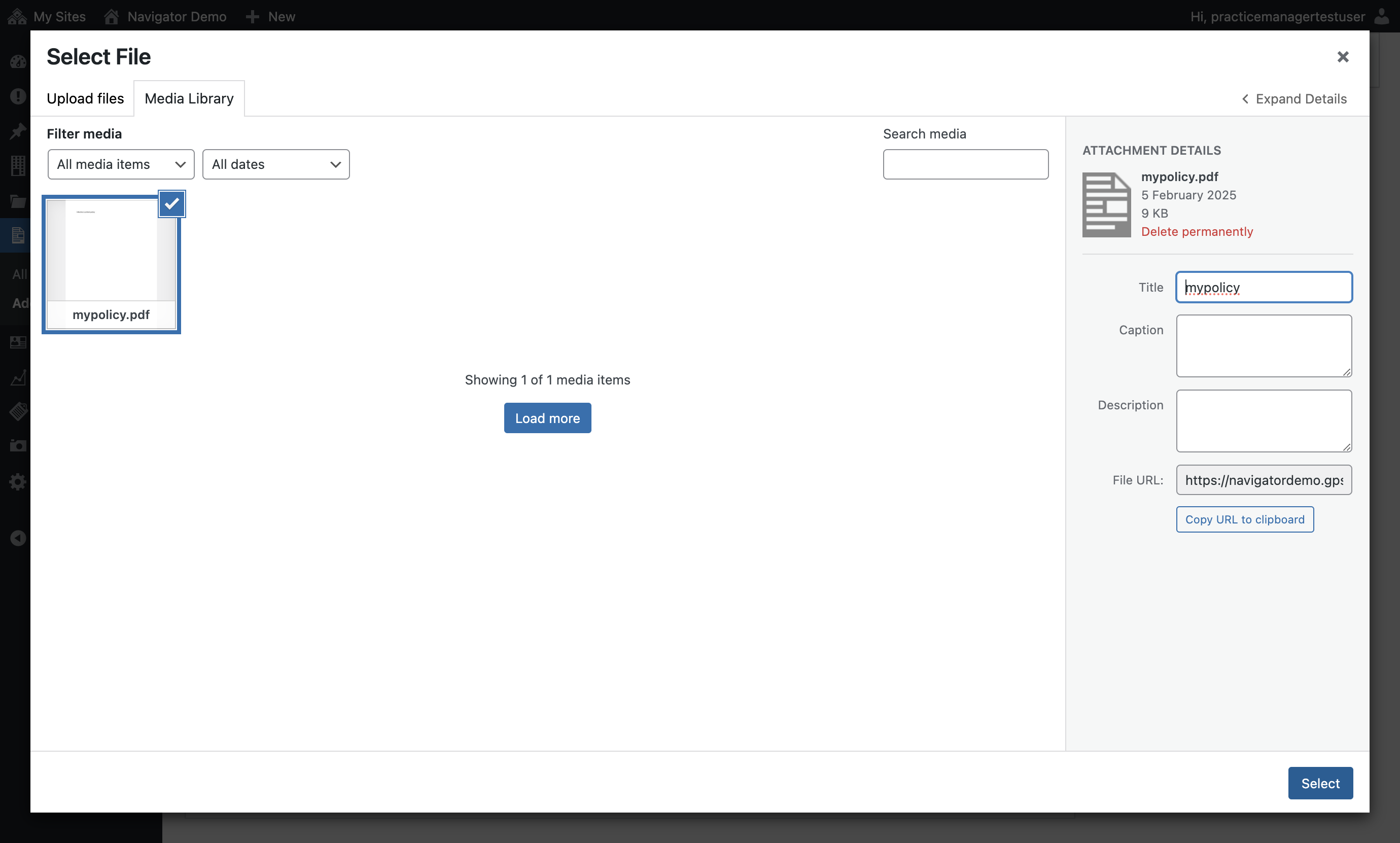 The Select button on the Select File screen