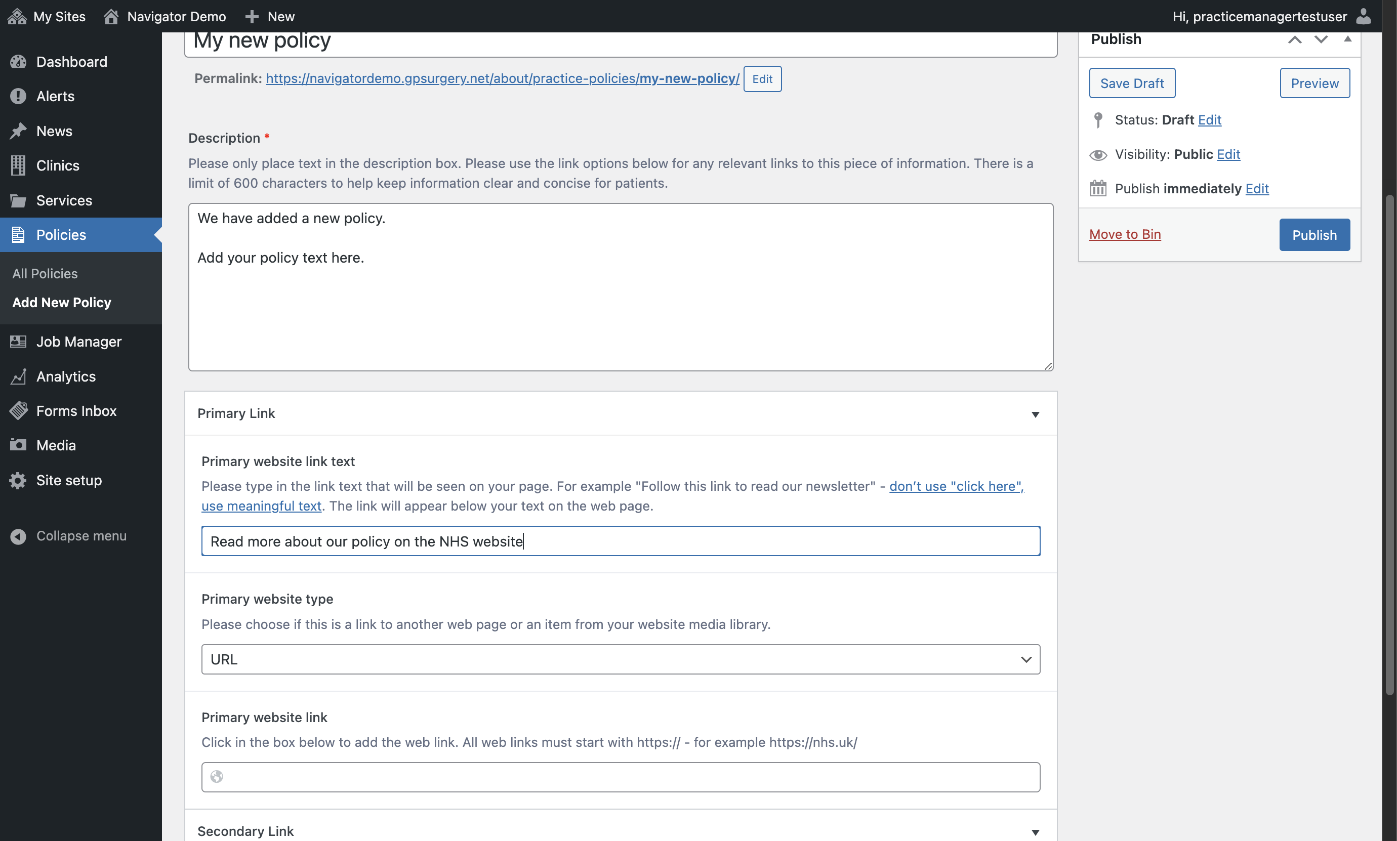 The "Primary website link text" box with "Read more about our policy on the NHS website" typed in
