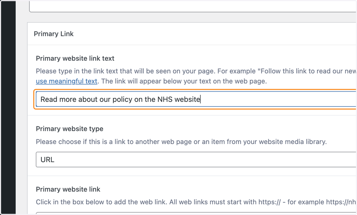 The "Primary website link text" box with "Read more about our policy on the NHS website" typed in