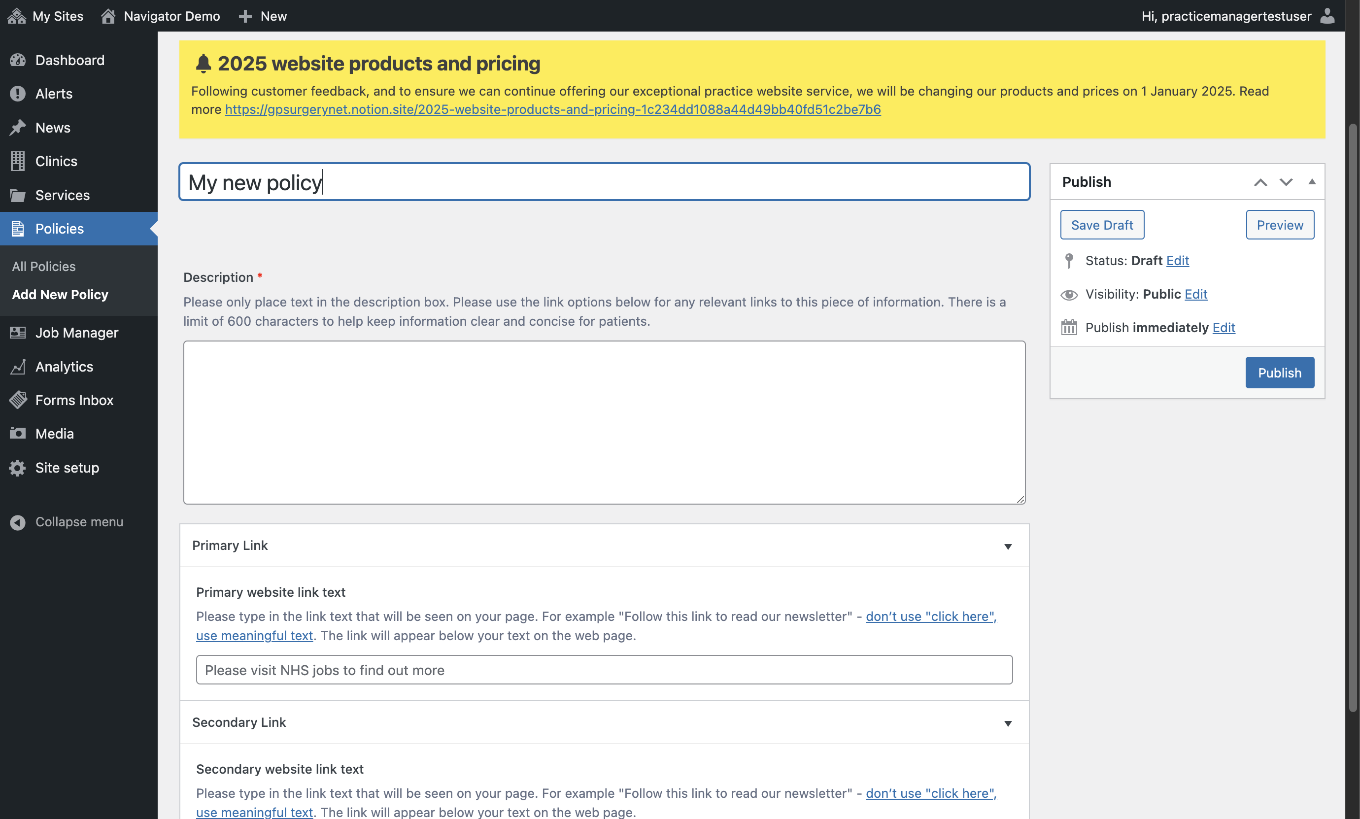 The Policies editor, with "My new policy" typed into the title box.
