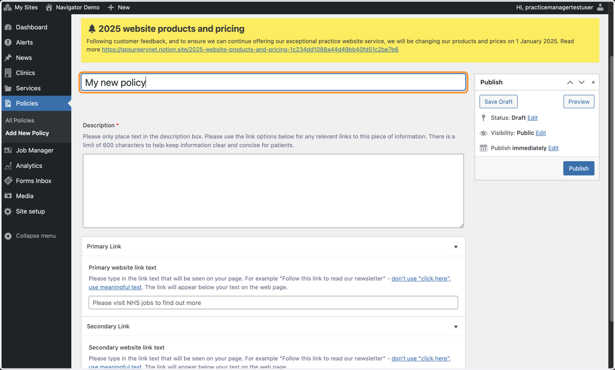 The Policies editor, with "My new policy" typed into the title box.