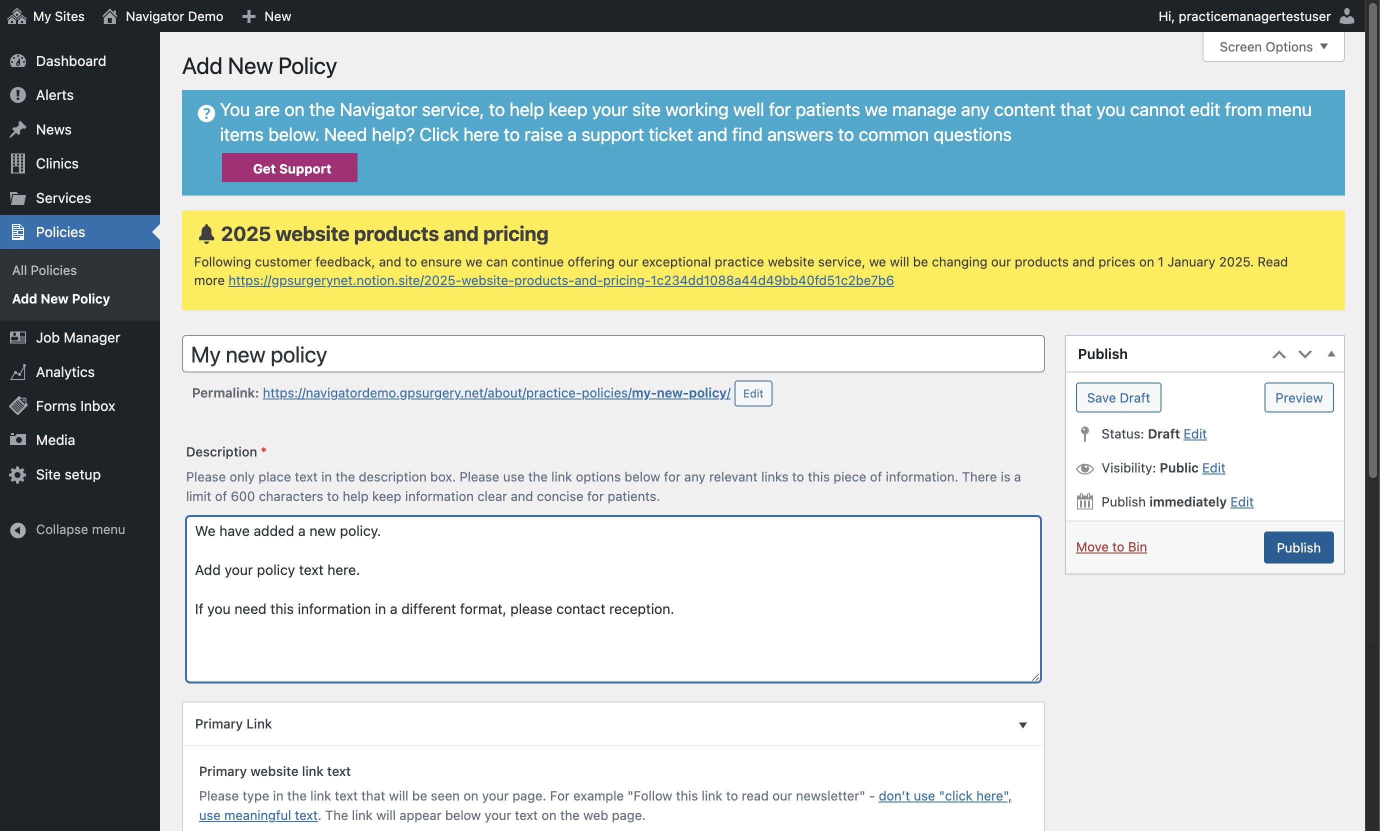 The Publish box with the Publish button selected