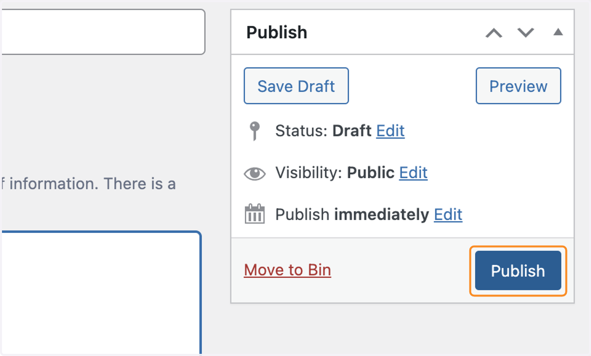 The Publish box with the Publish button selected