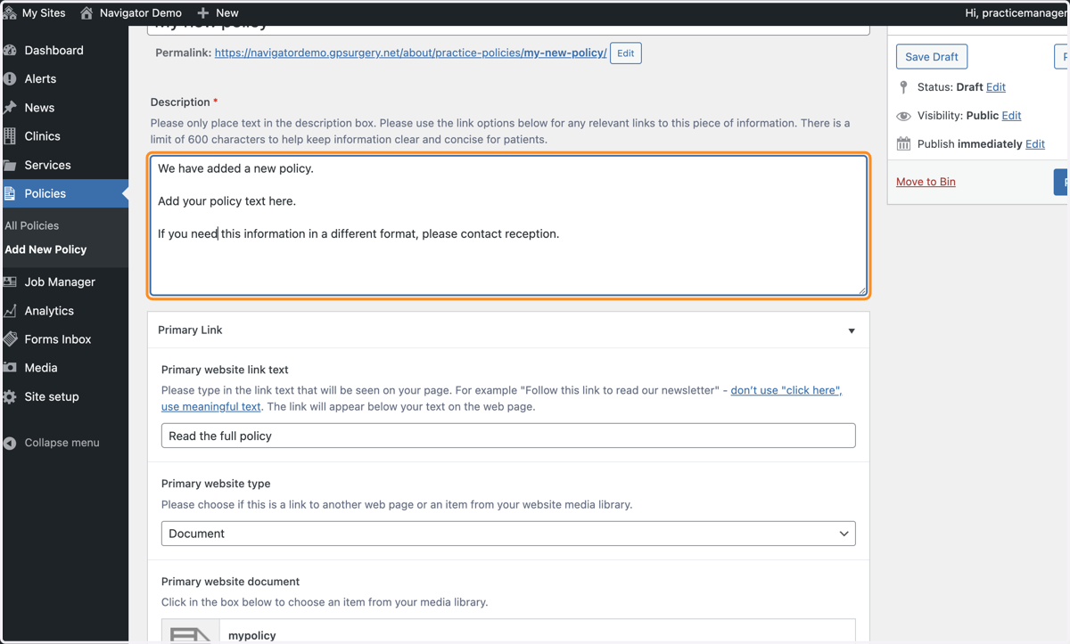 The Description box with an additional statement typed in: "If you need this information in a different format, please contact reception."