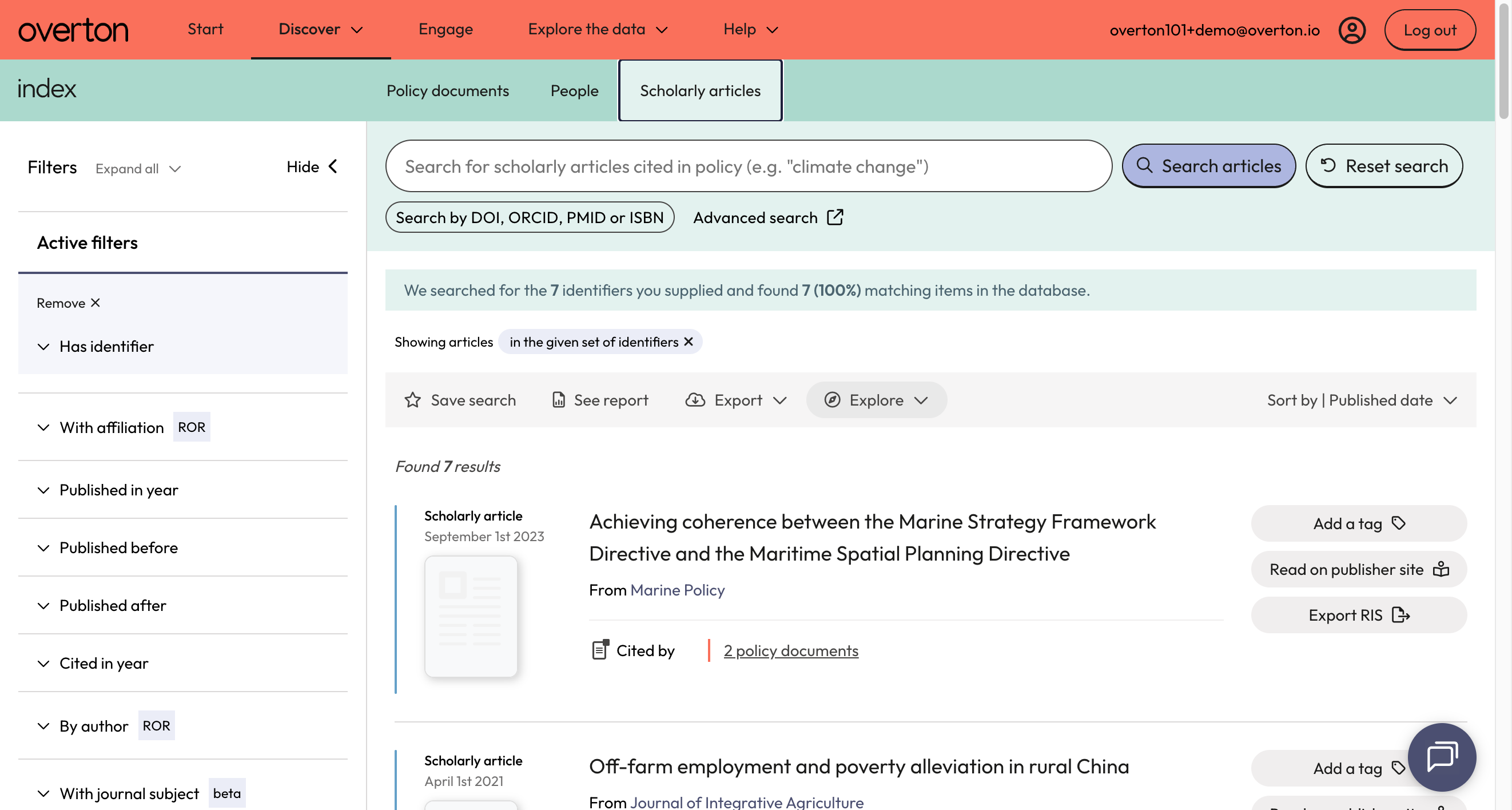 Use the action bar to save a search, generate a summary report, export* or explore further
