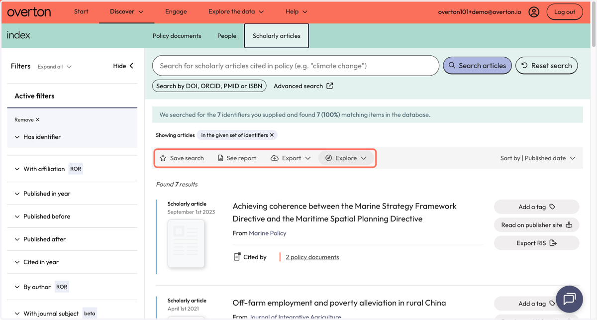 Use the action bar to save a search, generate a summary report, export* or explore further