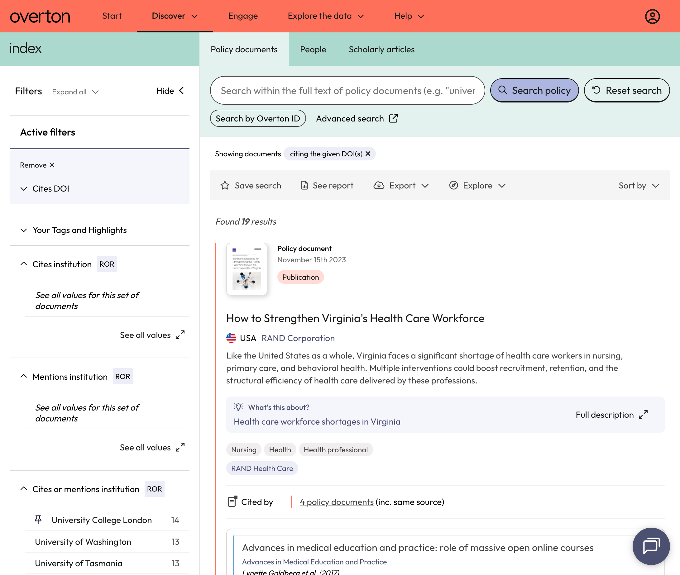 You will be directed to the 'Policy Documents' page. Each policy document result displays the name of the cited article, author and information about the citation from the full-text.