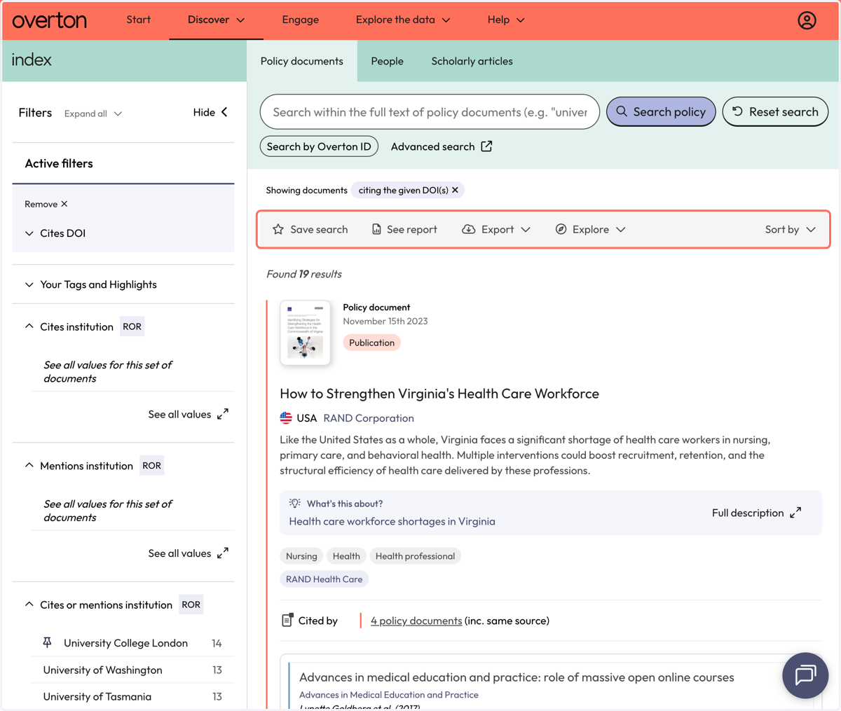Use the action bar to save a search, generate a summary report, export* or explore further