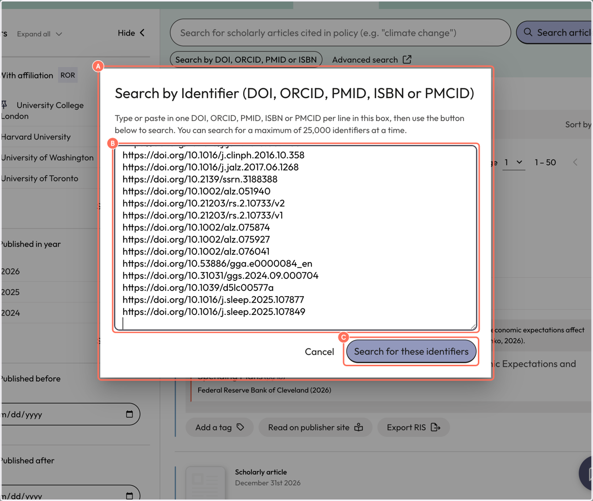 A. A pop-up search box appears B. Paste identifiers into the search box C. Click on 'Search for these identifiers'