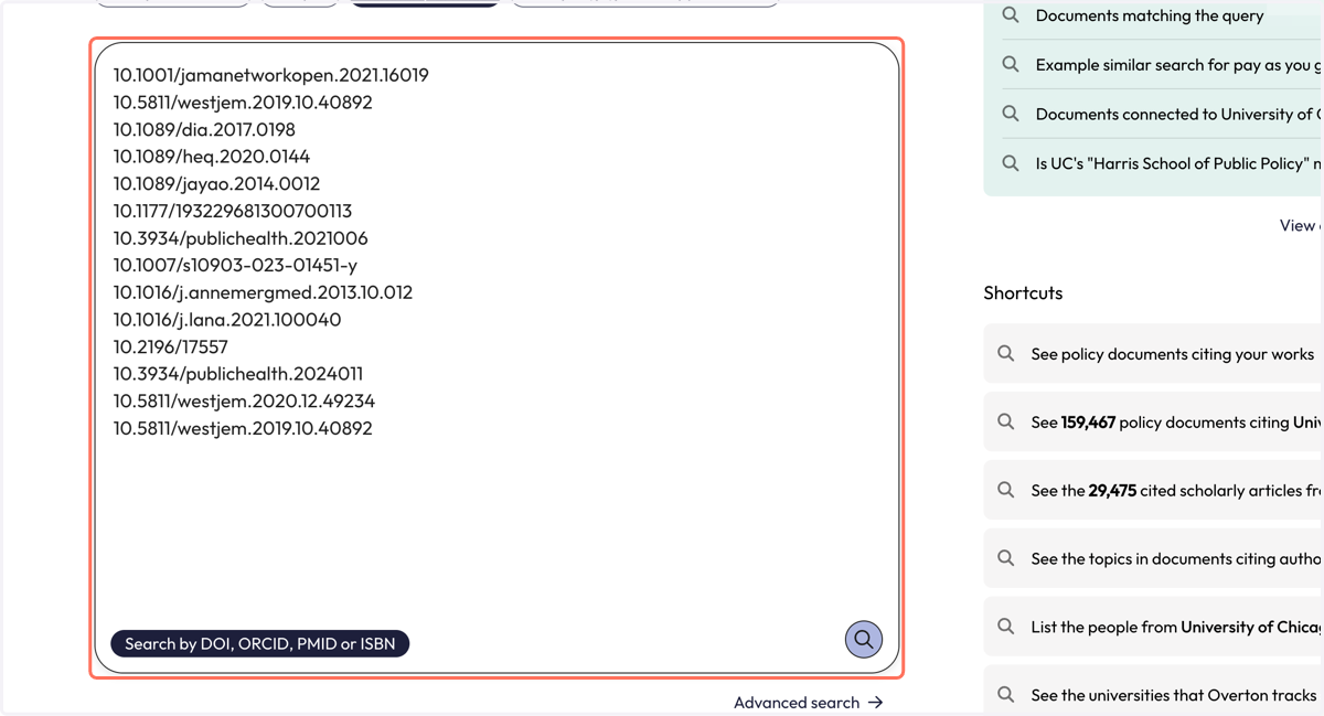 Paste identifiers into the search box