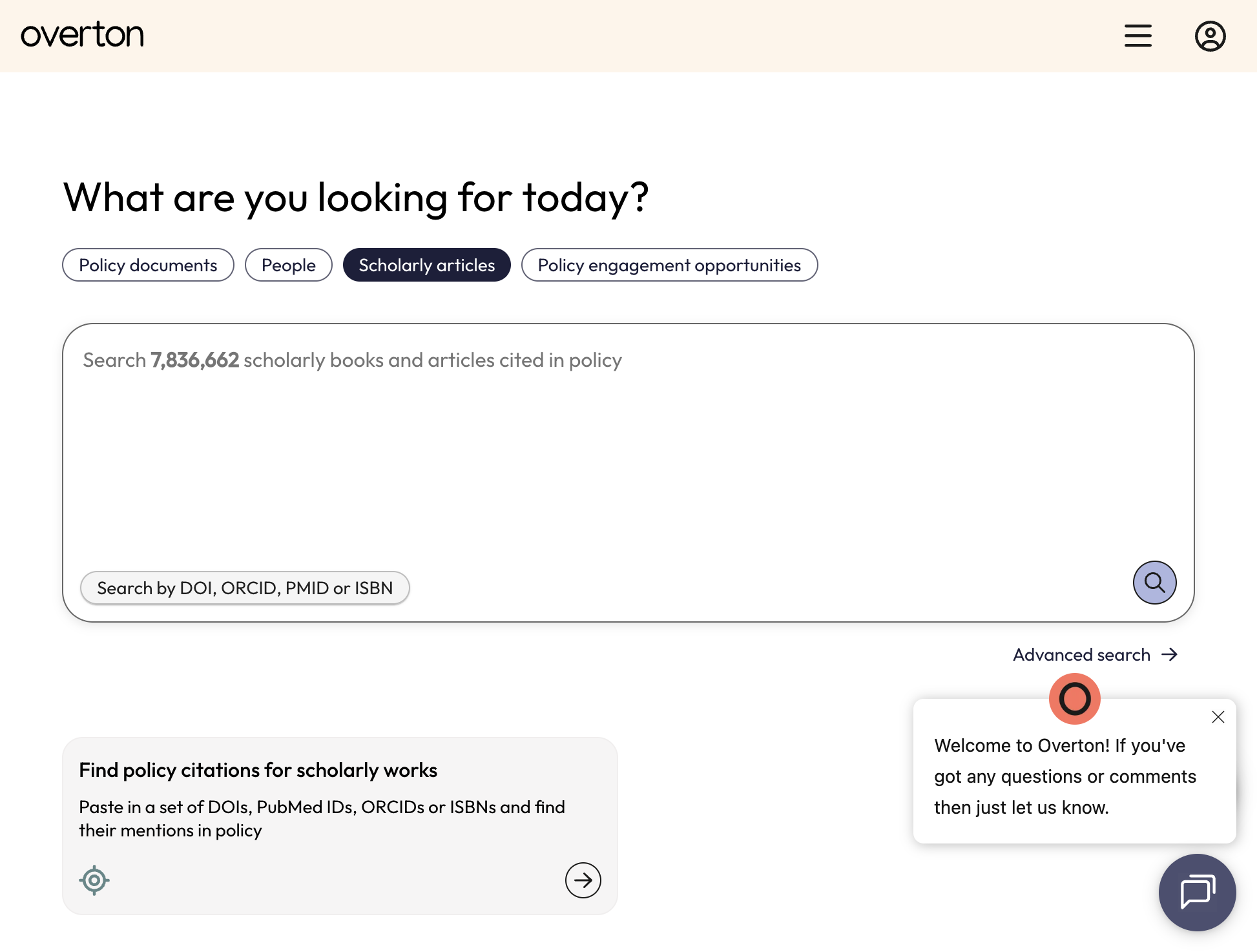 A. Click on 'Scholarly articles' B. Click on the 'Search by DOI, ORCID, PMID or ISBN' button to search with identifiers