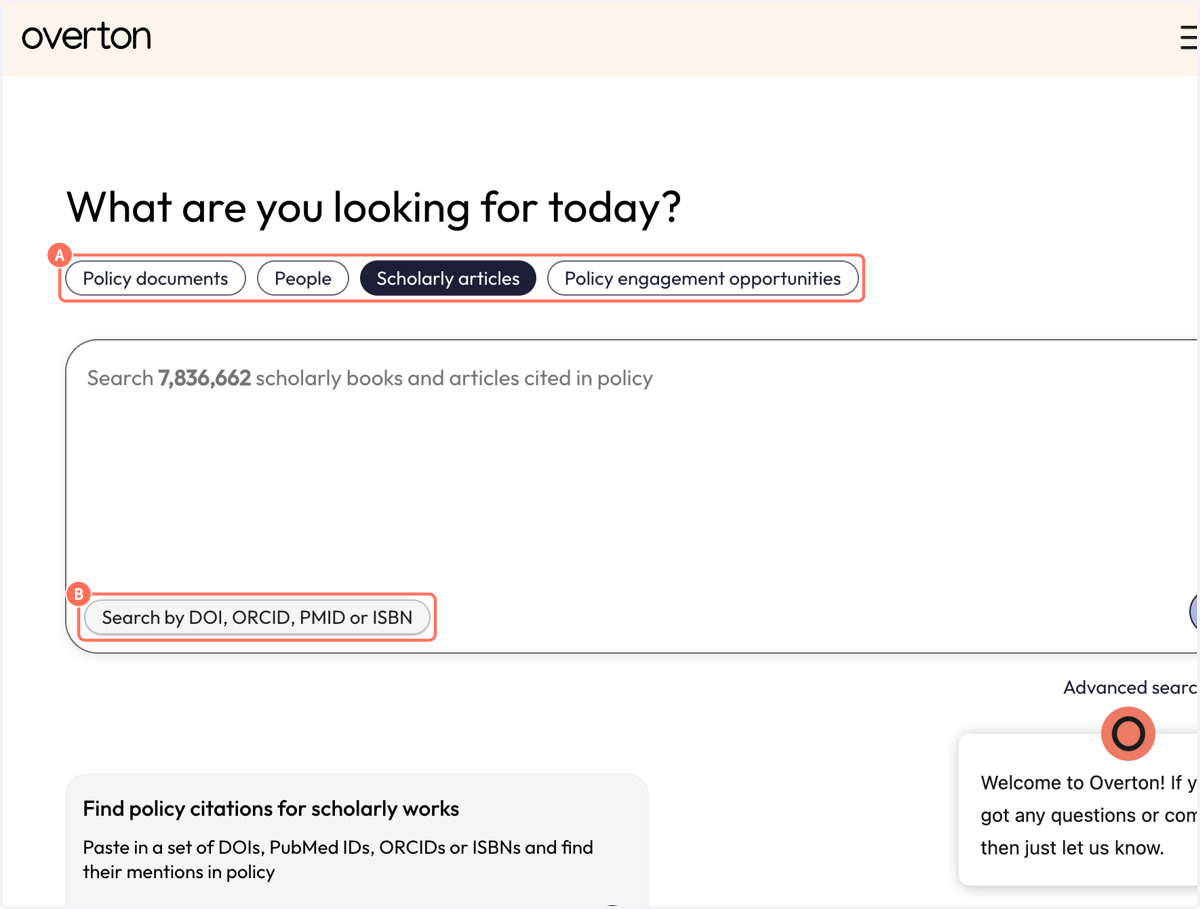 A. Click on 'Scholarly articles' B. Click on the 'Search by DOI, ORCID, PMID or ISBN' button to search with identifiers