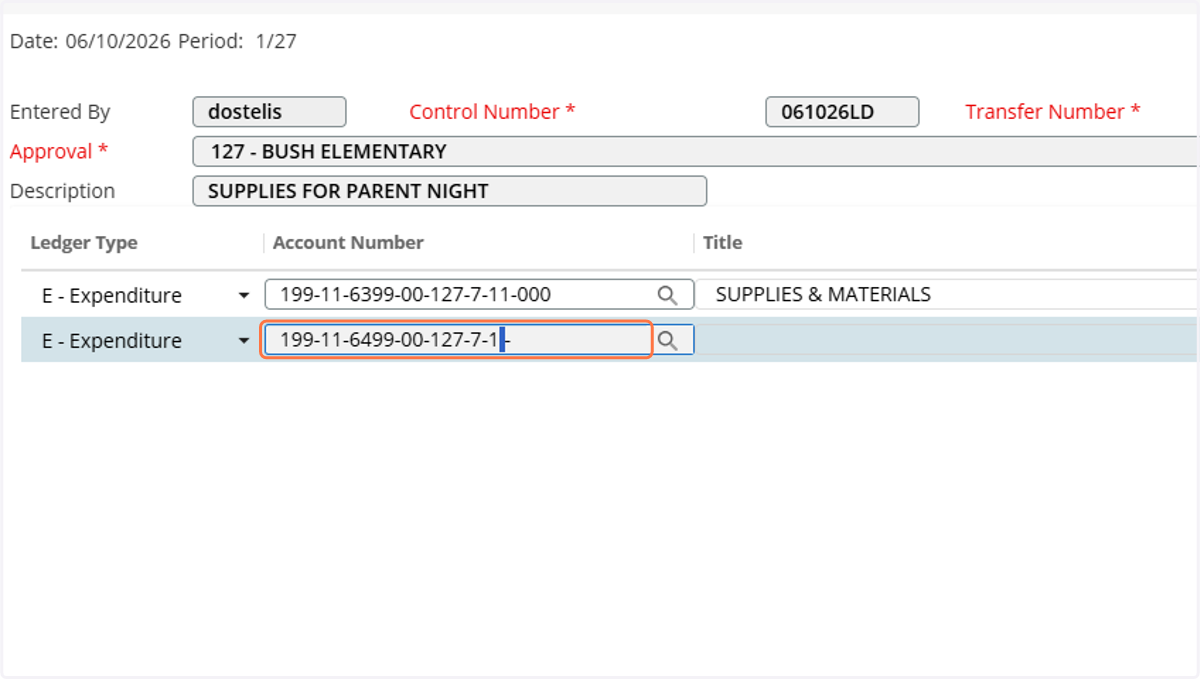 Repeat the same process: Type "account number to transfer to", TAB to next box.