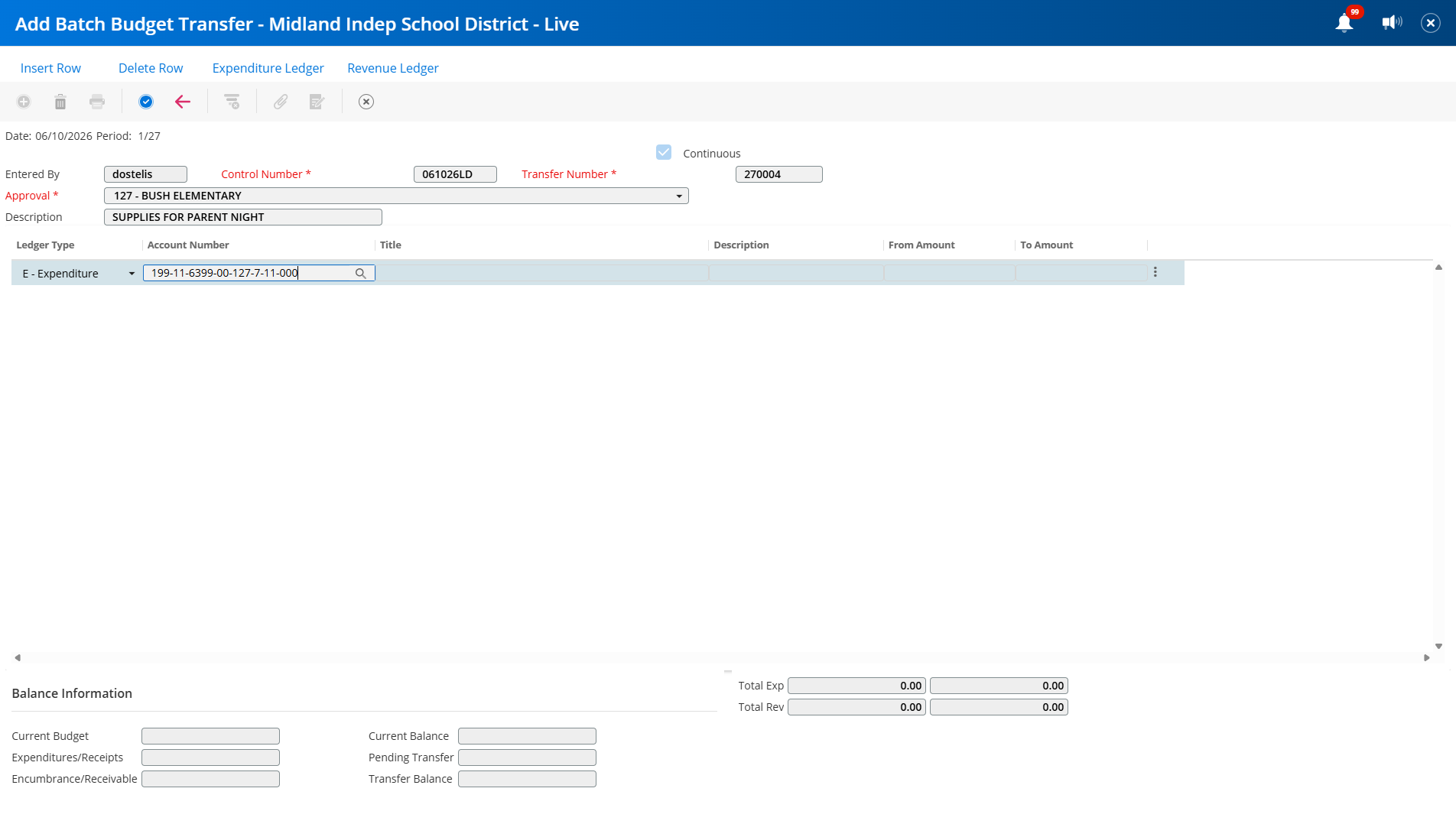 Type "account number to transfer from" (if not sure of account number click on the magnifying glass). TAB to next box.