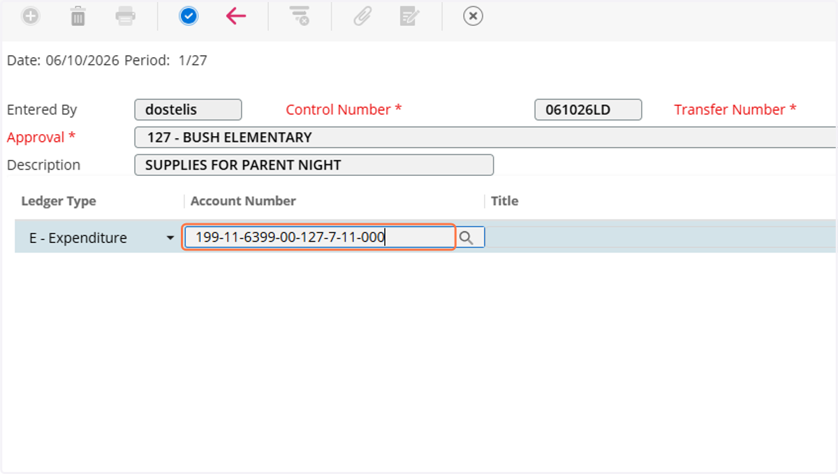 Type "account number to transfer from" (if not sure of account number click on the magnifying glass). TAB to next box.