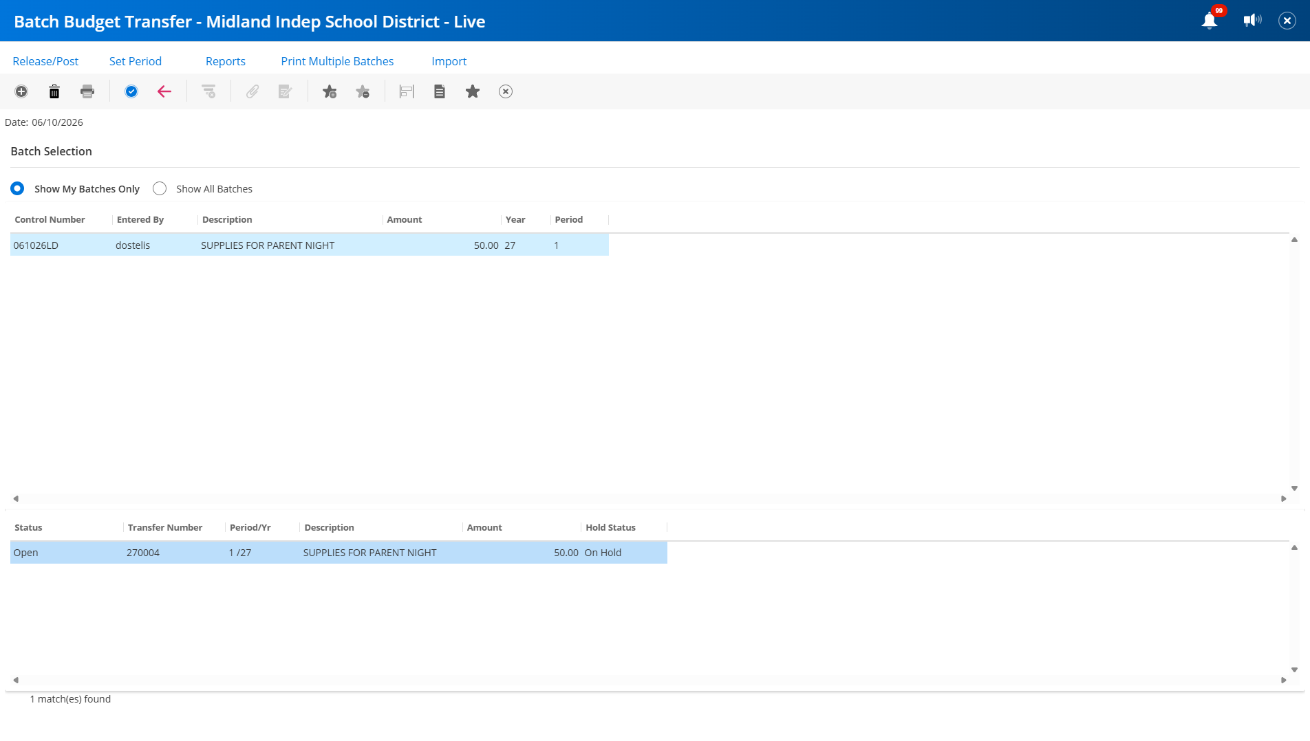 You must next RELEASE/POST your transfer(s) to finish the process. *At this point you can also attach any documentation you may have by clicking back into the line item and clicking on the PAPERCLIP icon.