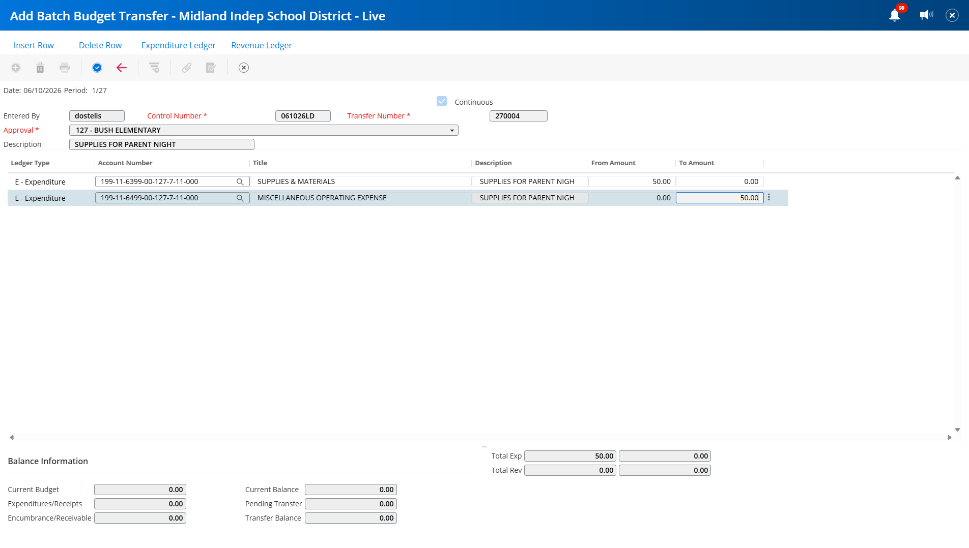 Type "amount to transfer to", TAB to next box for a new line if needing to distribute funds to multiple accounts OR go to next step. You may delete a line by clicking on the three dots at the end of the row.