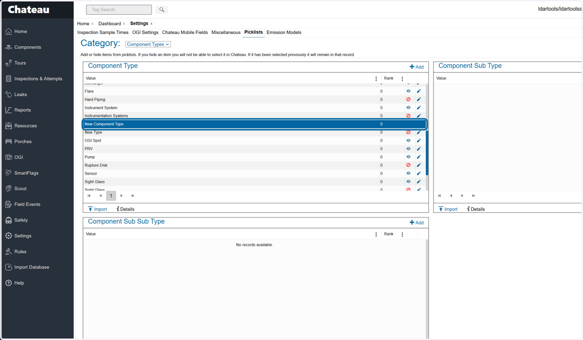 To add a Sub Type to a Type, click on the Type you want it to be a SubType of in the Component Type list