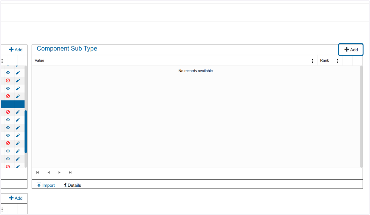 Click Add in the Component Sub Type pick list