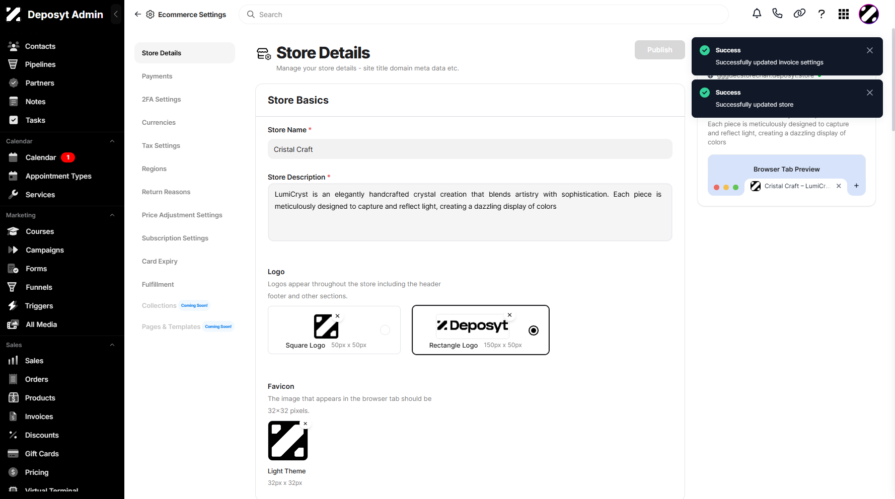 Step 12: A pop-up notification will appear, confirming that the invoice settings and store details have been updated successfully.