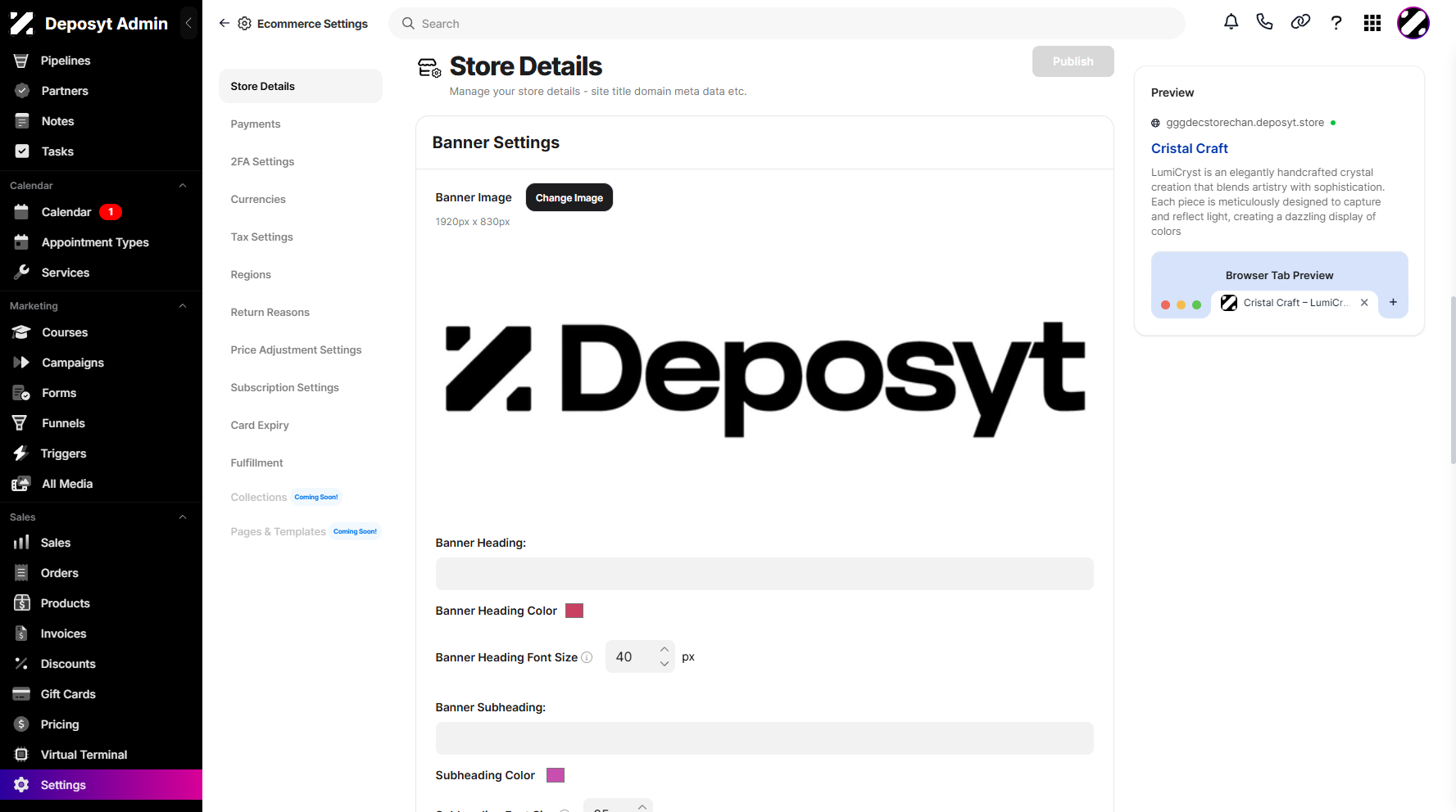 Step 8: You also have the ability to customize your Banner Settings, where you can upload or change the banner image, add a banner heading and subheading, adjust the color and font size, and add a banner description.