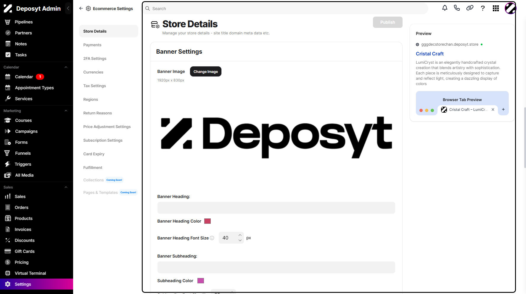 Step 8: You also have the ability to customize your Banner Settings, where you can upload or change the banner image, add a banner heading and subheading, adjust the color and font size, and add a banner description.