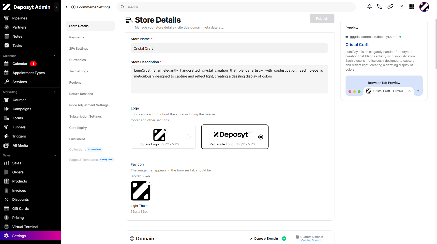 Step 5: You can now manage your store name and add a description if needed. You can also update your logo and favicon.