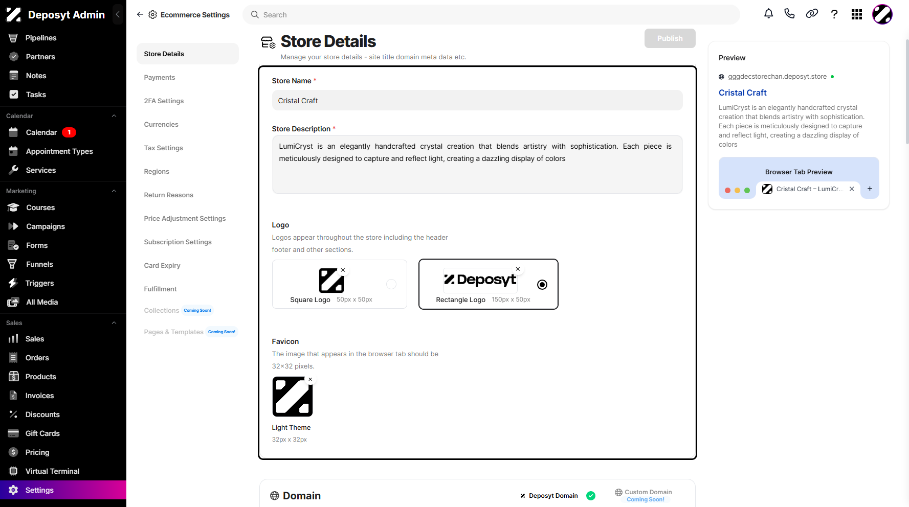 Step 5: You can now manage your store name and add a description if needed. You can also update your logo and favicon.