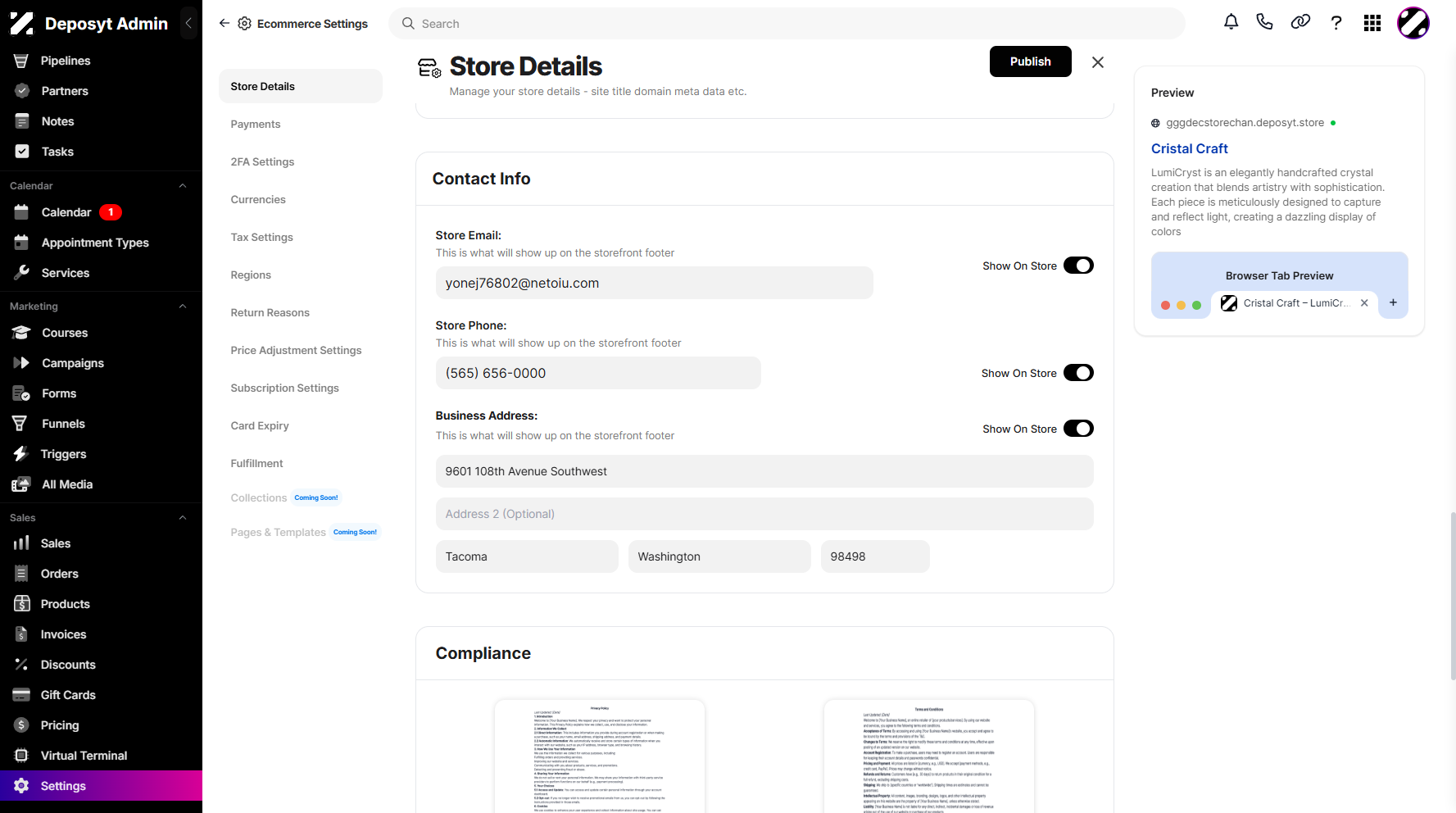 Step 9: Next is the Contact Information section, where you can enter the store email and phone number. You can also provide your business address.
