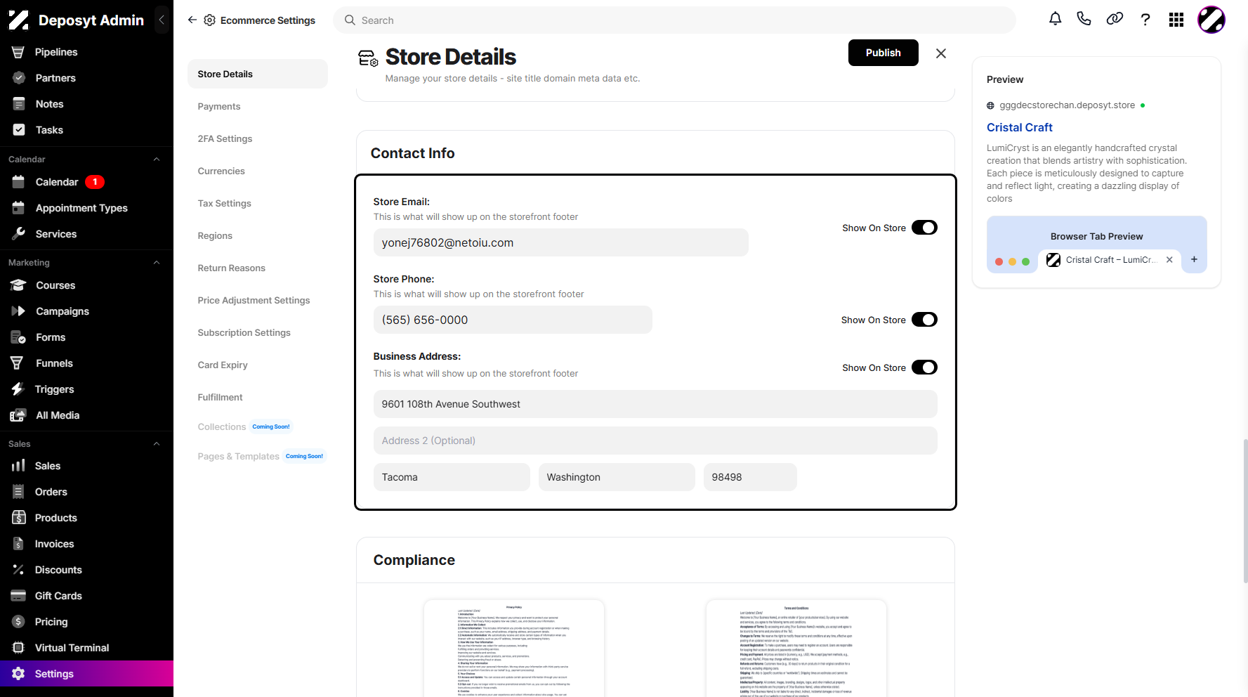 Step 9: Next is the Contact Information section, where you can enter the store email and phone number. You can also provide your business address.