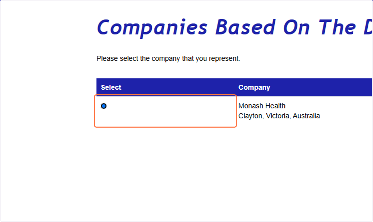 Select the button for Monash Health