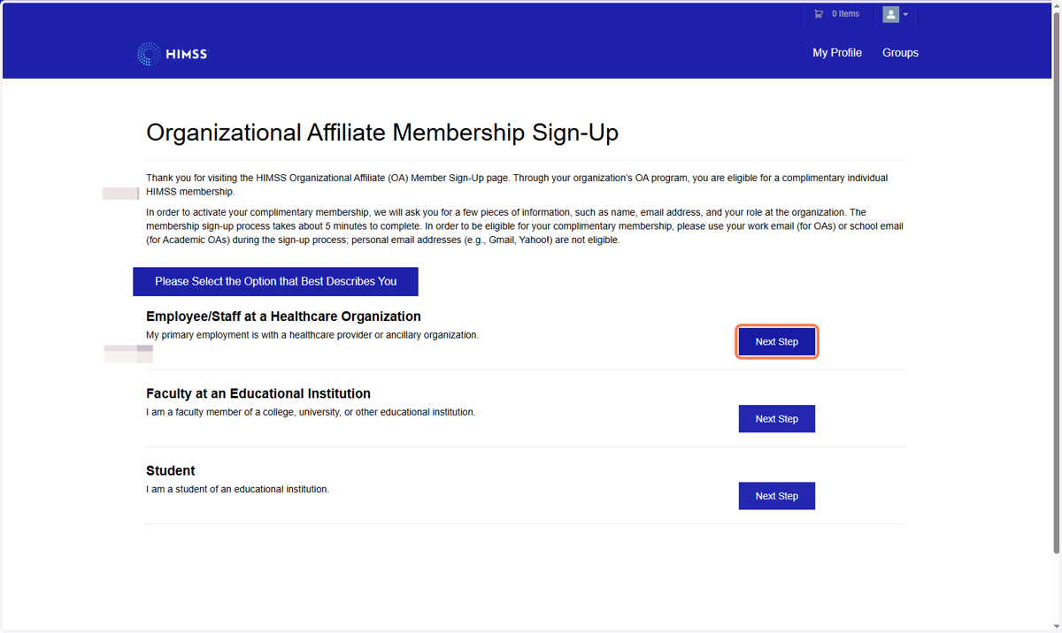 You should see the following page. Click on 'Next Step' for Employee/Staff at a Healthcare organisation