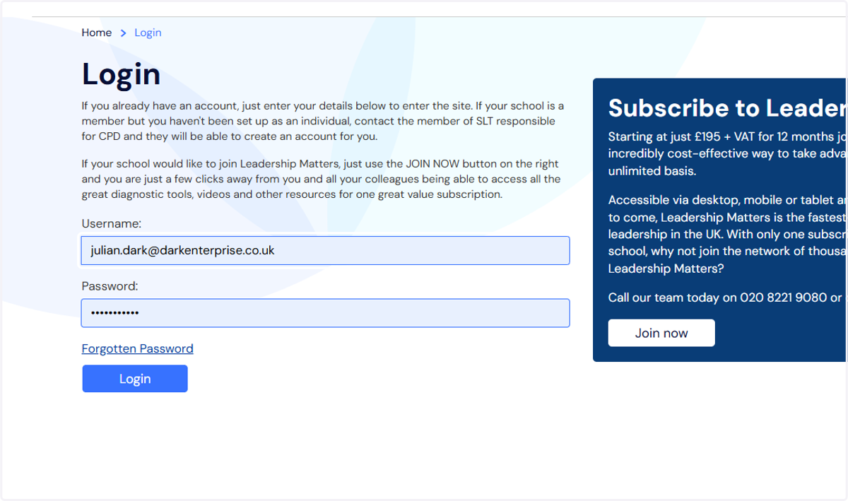 Log into Leadership Matter portal