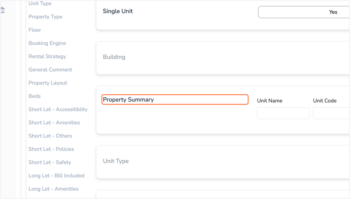 Select Yes on Single Unit. On property Summary add the unit code:
