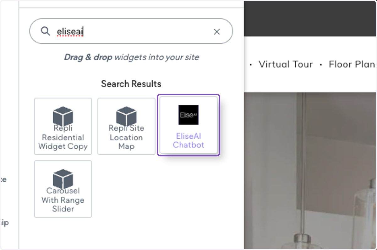 Search for "EliseAI" and click on the EliseAI - Chatbot widget