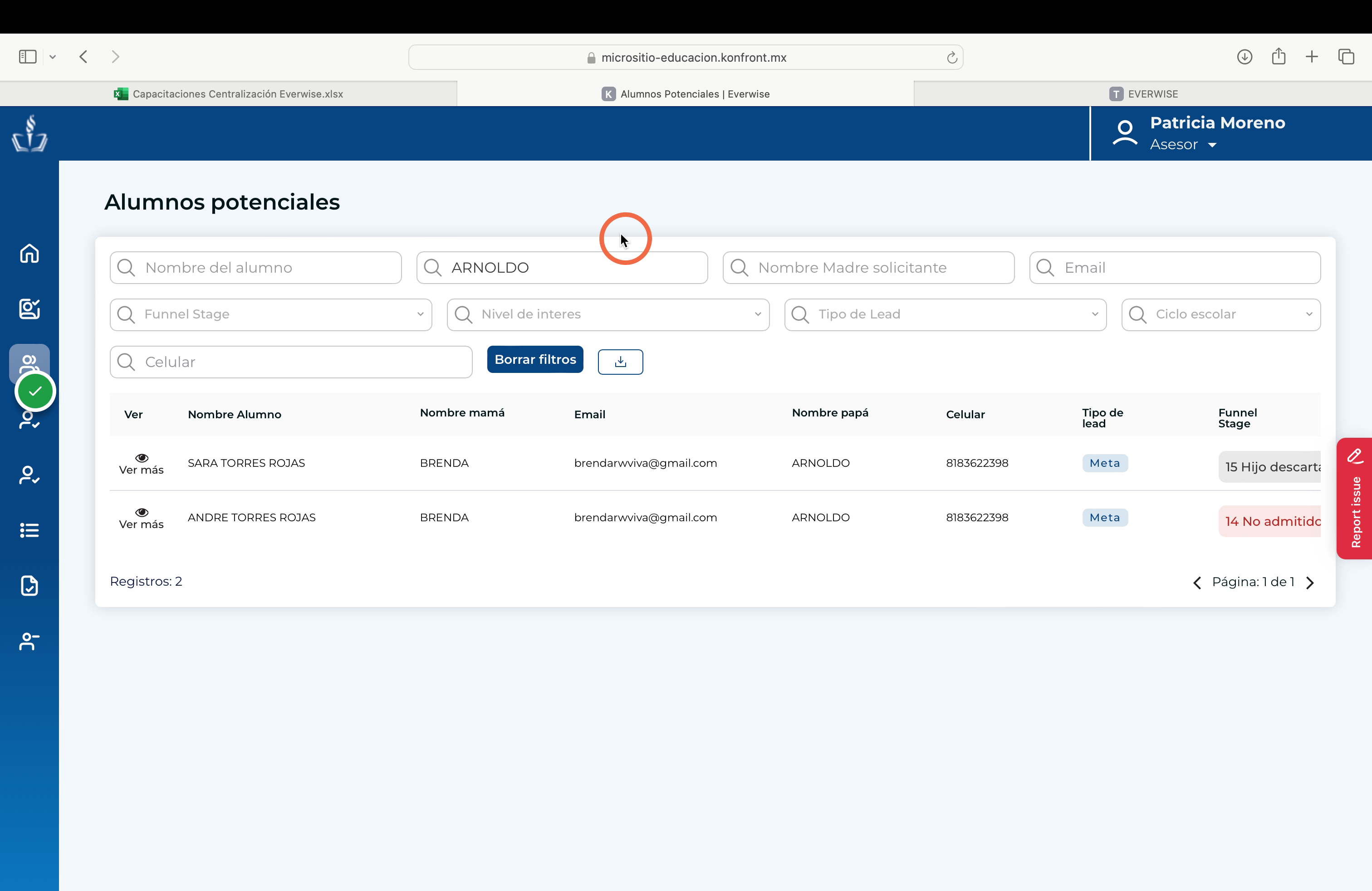Filtro por "Nombre del padre solicitante"