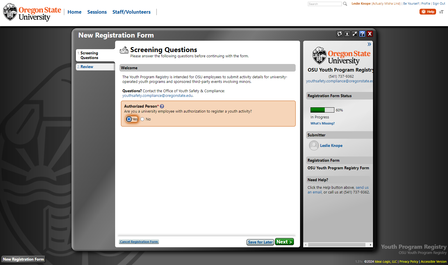 Confirm that you are authorized to register a youth activity