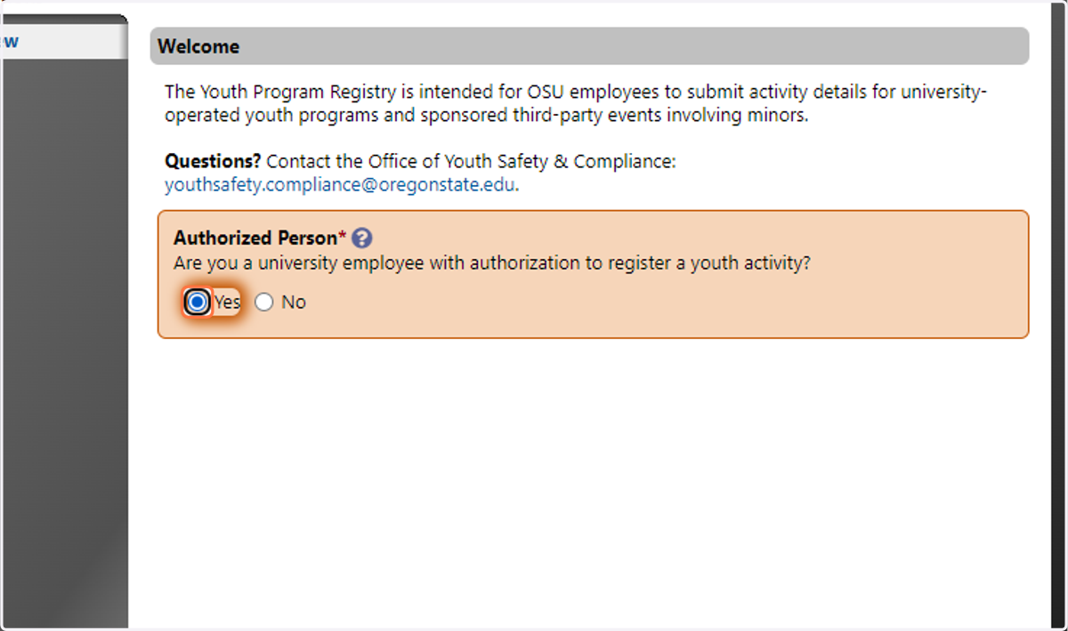 Confirm that you are authorized to register a youth activity
