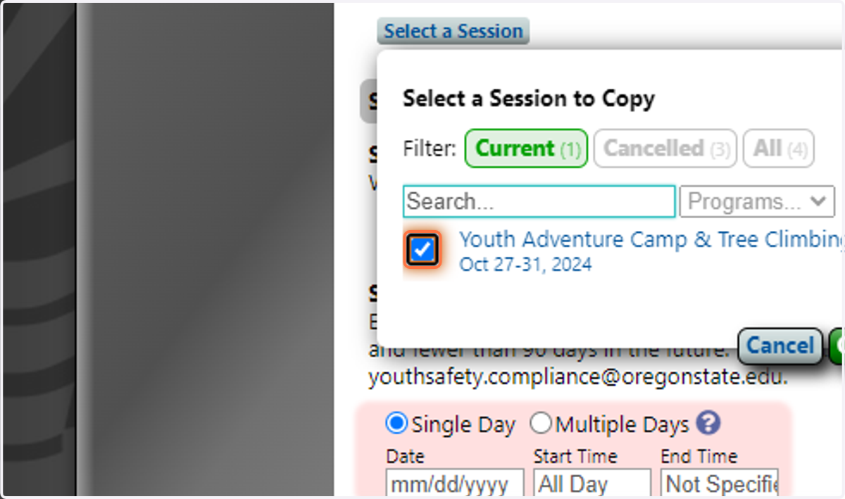 Select the session you want to copy from