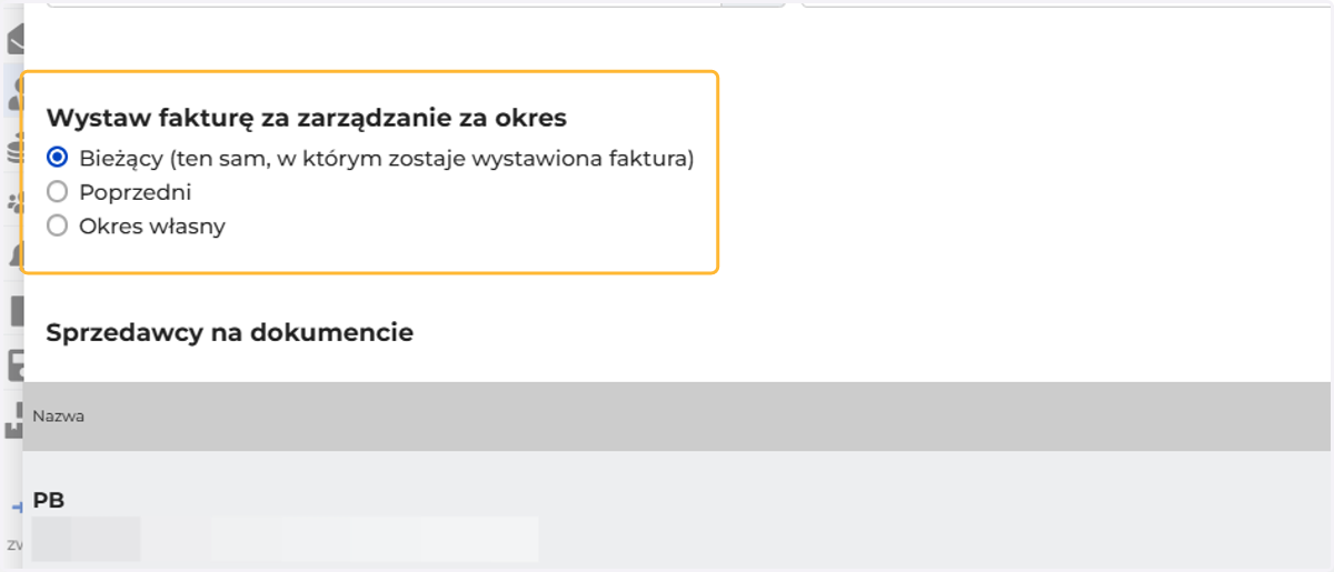 Wybierz za jaki okres ma być wystawiana faktura za zarządzanie