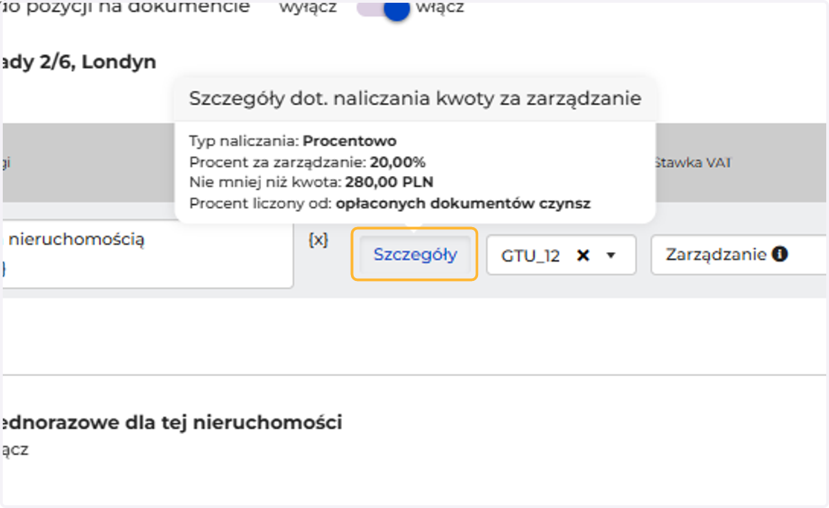 W szczegółach widnieje informacja o sposobie naliczania (informacje pobierane z karty nieruchomości -> sekcja Zarządzanie).