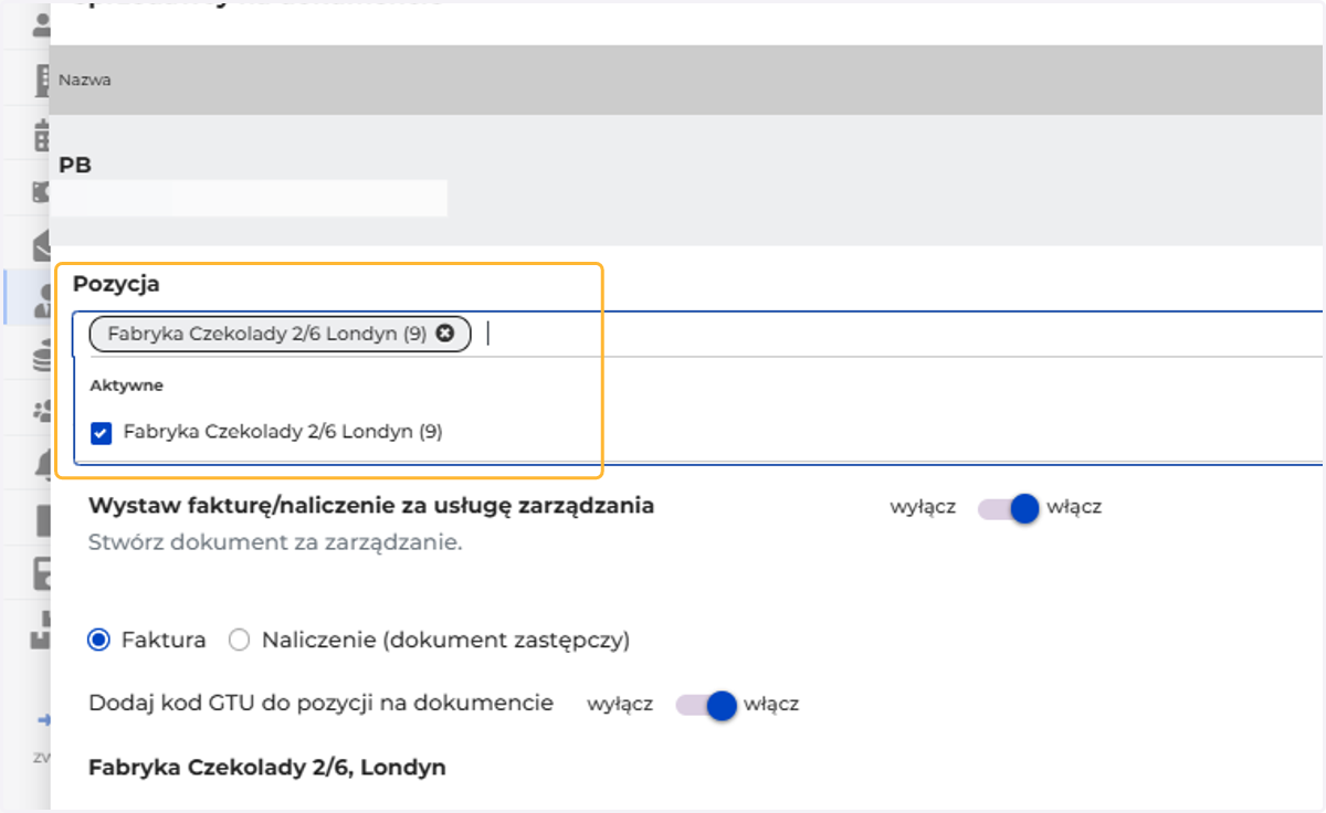 Wybierz nieruchomości właściciela, dla których ma być wyliczana faktura za zarządzanie.