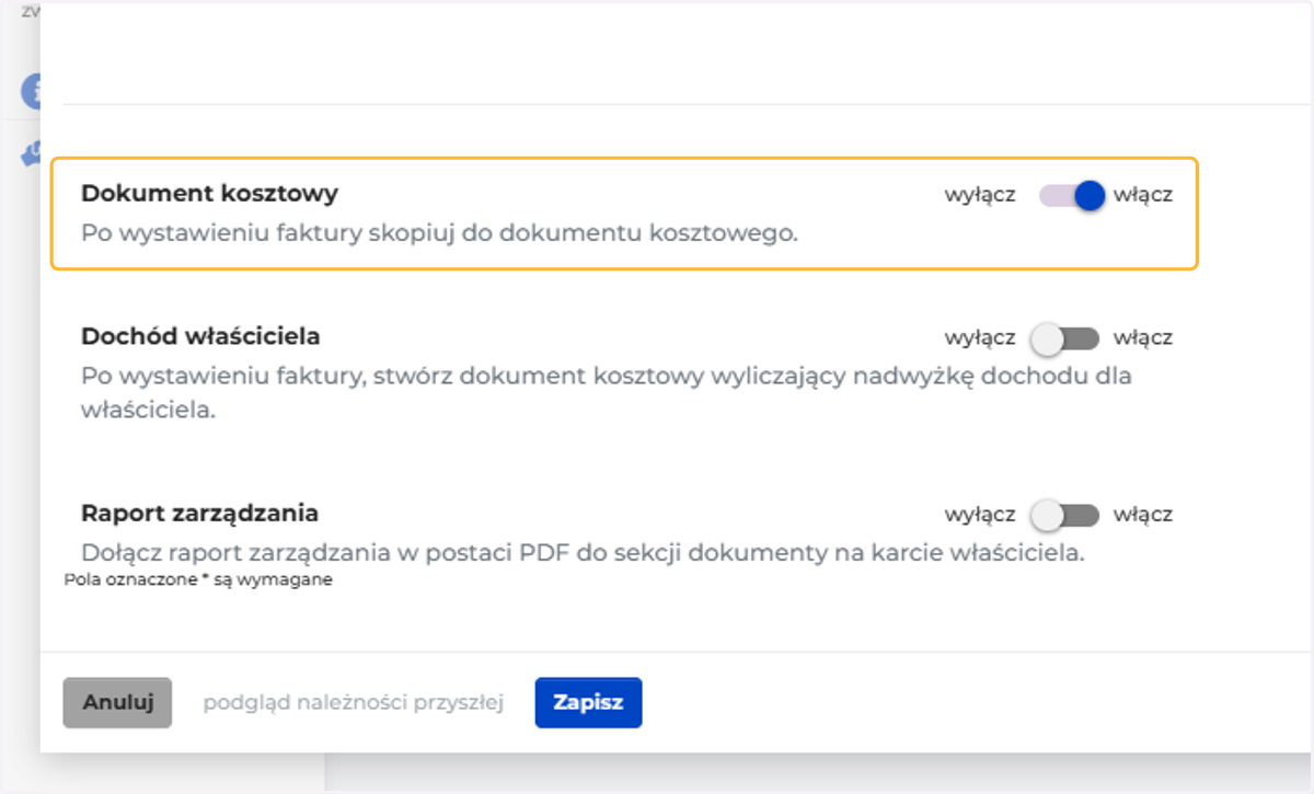 Wybierz czy dokument ma zostać skopiowany do dokumentu kosztowego