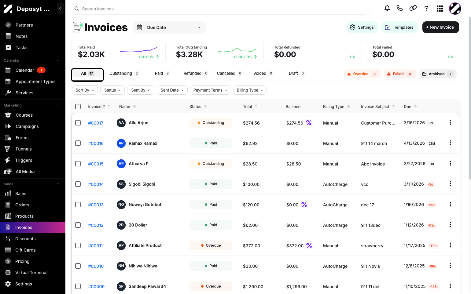 Step 3: Click the All button next to the Outstanding button. Your view will now display all Invoices.