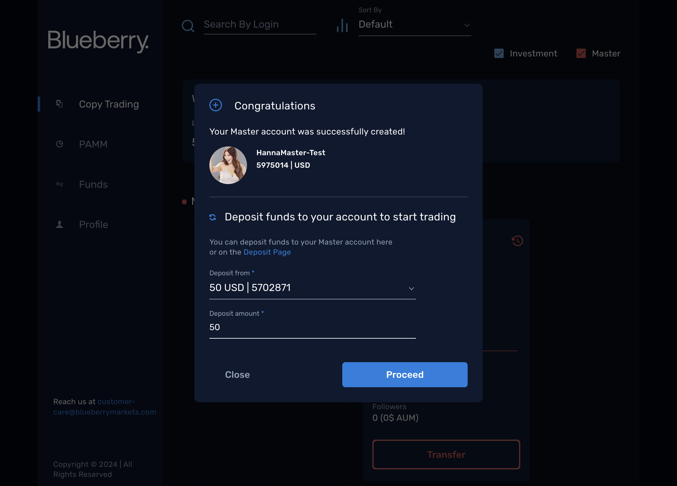 Fund your new Master account by transferring from your wallet