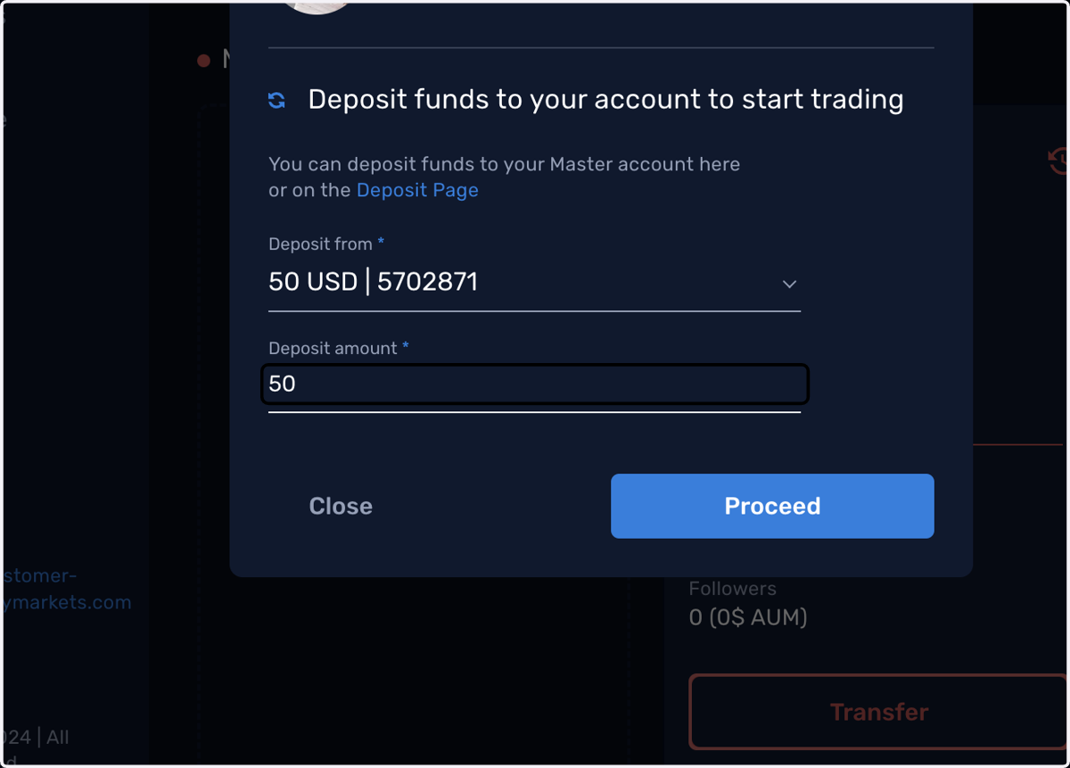 Fund your new Master account by transferring from your wallet