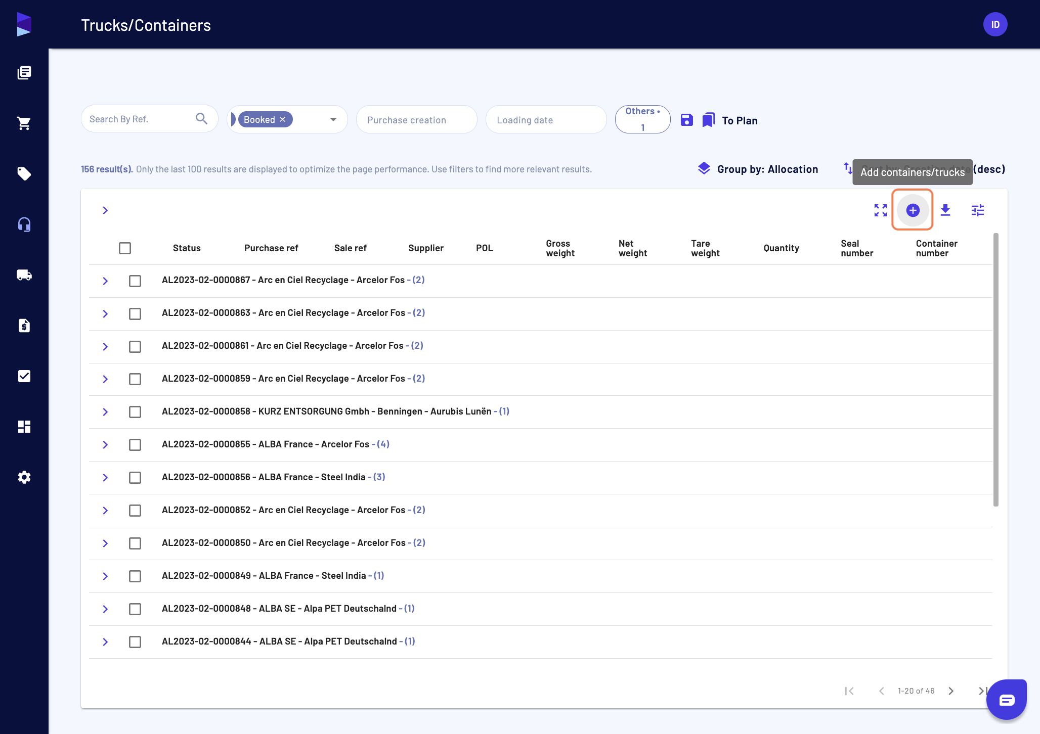 Go in the "Trucks/Containers" page and click on "Add containers/trucks"