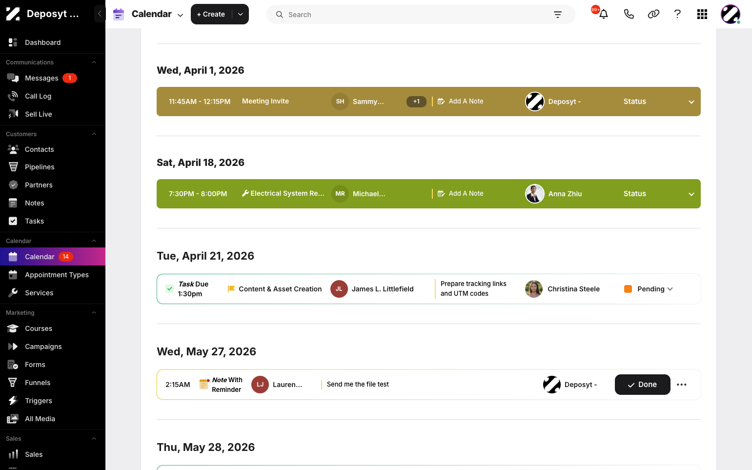 Step 2: Find a task on the calendar and click the note for that appointment.